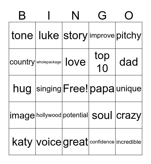 American Idol Bingo Card