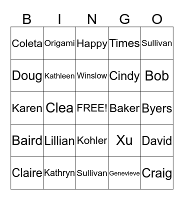 Kohler Party Bingo Card