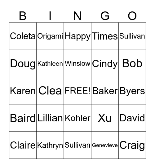 Kohler Party Bingo Card