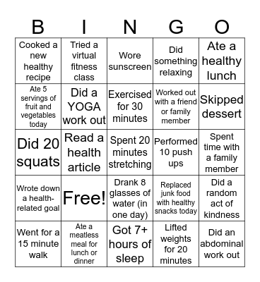 Health and Fitness Bingo Card