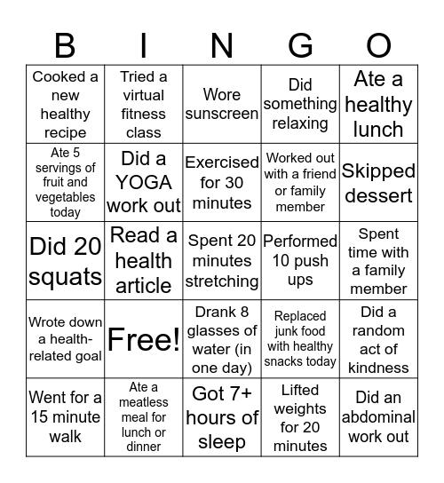 Health and Fitness Bingo Card