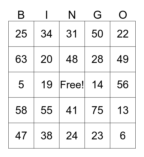 BINGO 1-75 Bingo Card