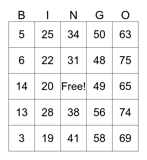 BINGO 1-75 Bingo Card