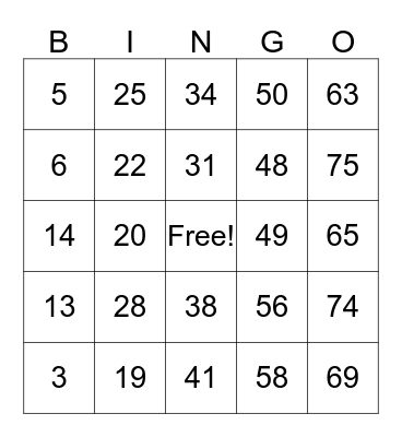 BINGO 1-75 Bingo Card