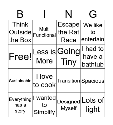 Tiny House Bingo Card