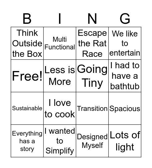 Tiny House Bingo Card