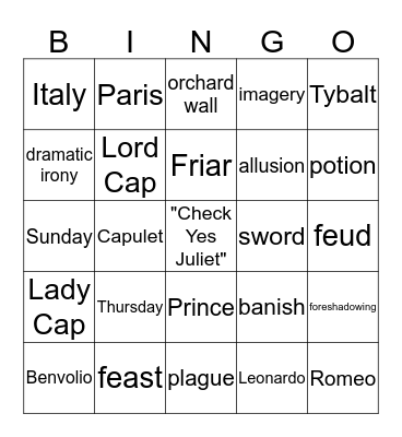 Romeo and Juliet Bingo Card