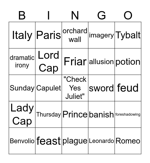 Romeo and Juliet Bingo Card