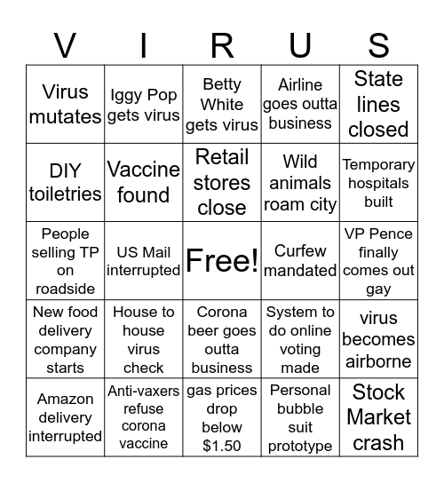 Corona Virus Quarantine Bingo Card