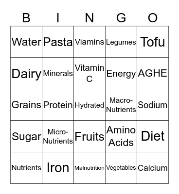 Nutrition Bingo Card