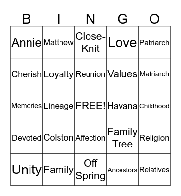 Colston Family Reunion 2014 Bingo Card