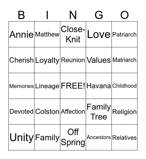 Colston Family Reunion 2014 Bingo Card