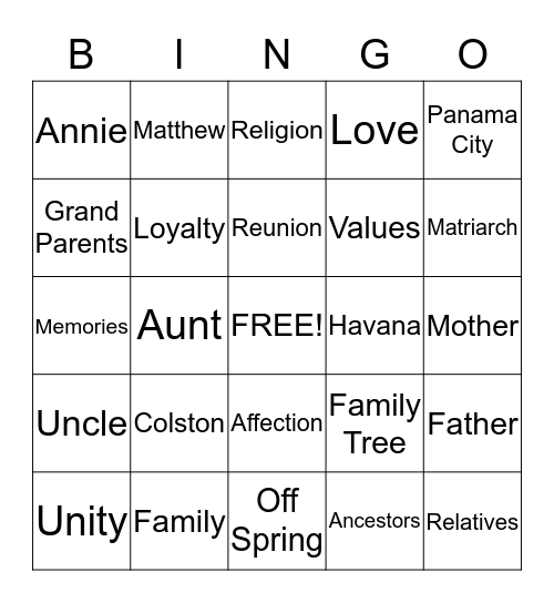 Colston Family Reunion 2014 Bingo Card