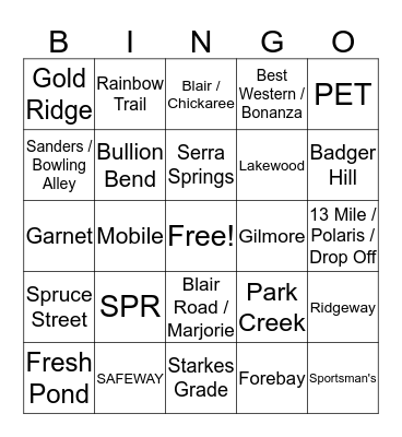 Pollock Pines Power Outage Bingo Card