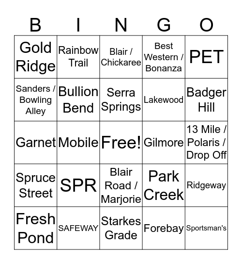 Pollock Pines Power Outage Bingo Card