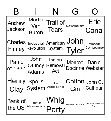 United States 1800 - 1840s Bingo Card