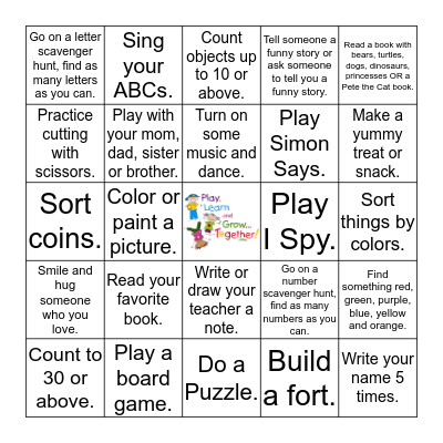 Early Learning Center Choice Board  Bingo Card