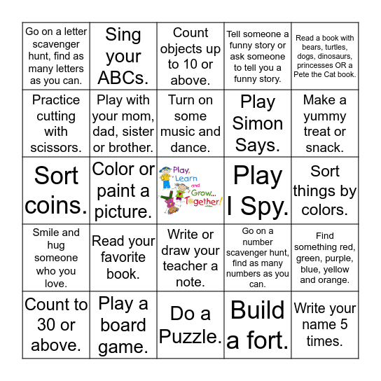 Early Learning Center Choice Board  Bingo Card