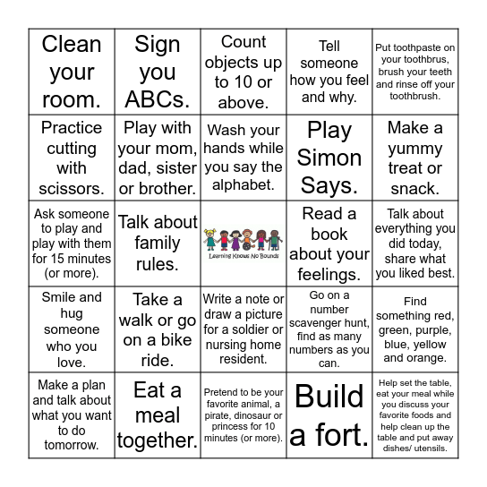 Early Learning Center Choice Board Bingo Card