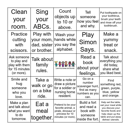 Early Learning Center Choice Board Bingo Card