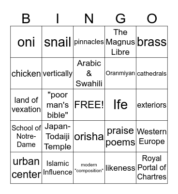 CENTERS OF CULTURE & THE GOTHIC STYLE Bingo Card