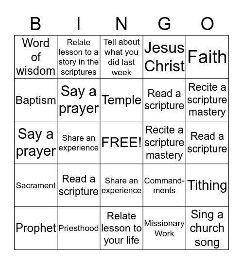 Sunday school bingo Card