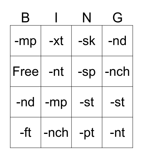 Ending Blends Bingo Card