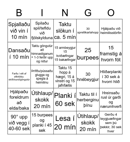 Virknibingó unglingastig Bingo Card