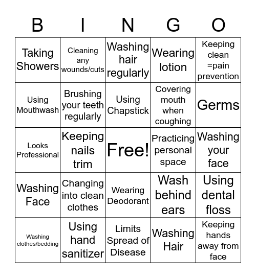 Good Hygiene Bingo Card
