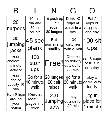 Fitness Bingo Card
