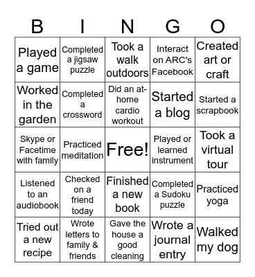 Activity Bingo Card
