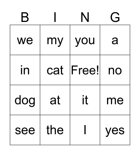 Sight Words Bingo Card