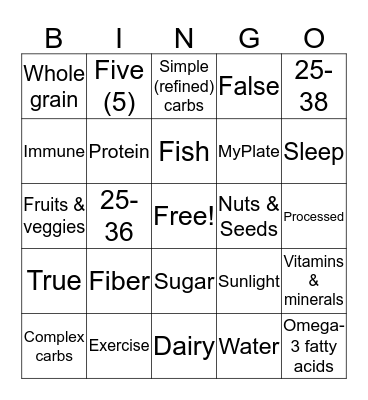 Nutrition Bingo Card