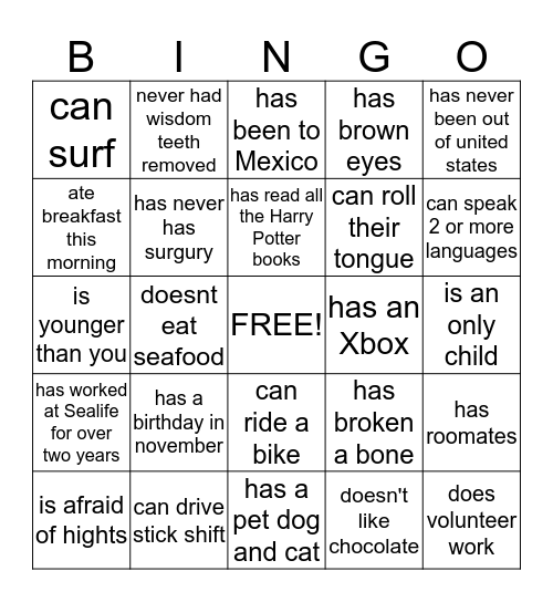 Fishy Bingo Card