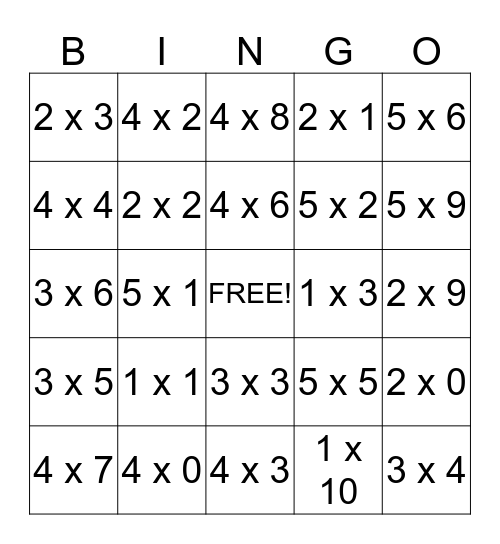 Multiplication Bingo Card