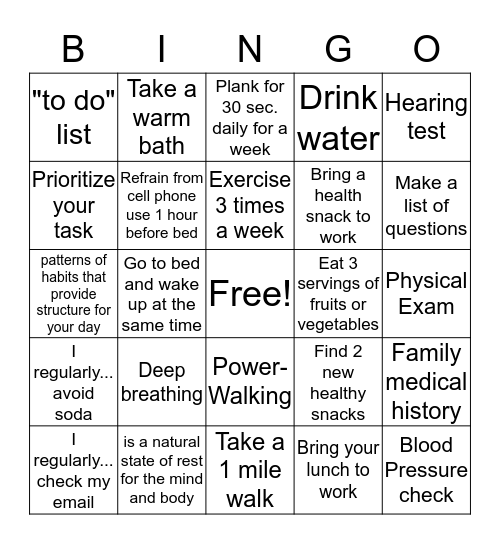 Physical Wellness for Work Bingo Card