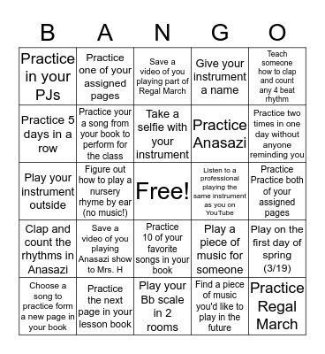 Beginning Band Bingo Card
