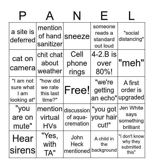 VIrtual Panel Bingo Card