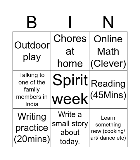 Covid 19 Home work  Bingo Card