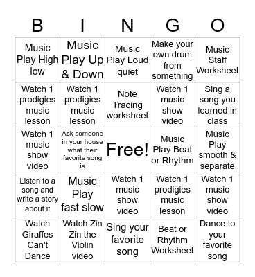K & 1 Music Bingo Card