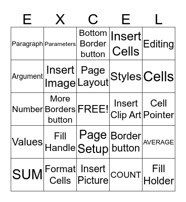 Module Test 3 MSExcel Review Bingo Card