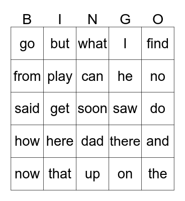 Sight Words Bingo Card