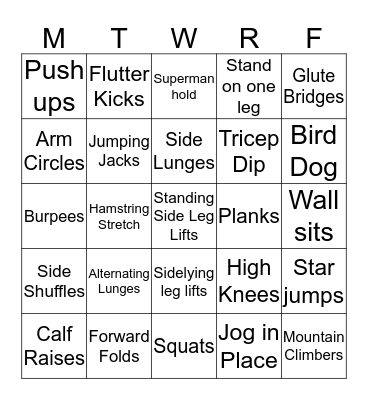Fitness Bingo Card