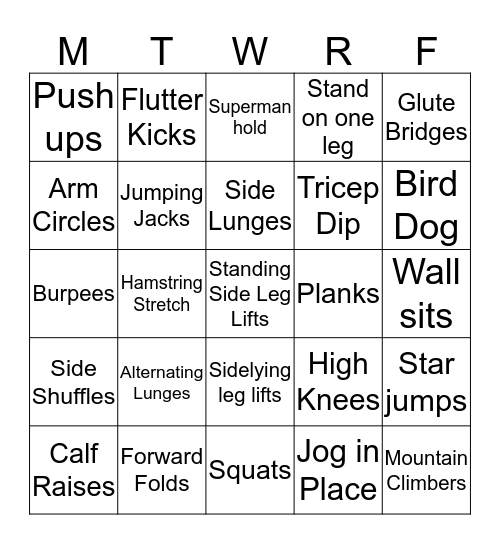 Fitness Bingo Card