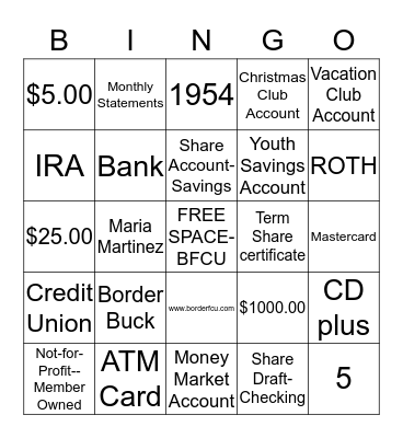 Financial Literacy Bingo Card