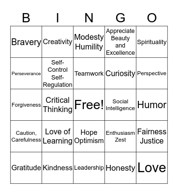 VIA Character Strength BINGO Card