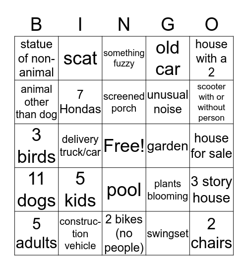 Neighborhood Bingo Card