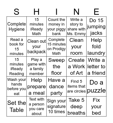 Extended Break BINGO Card