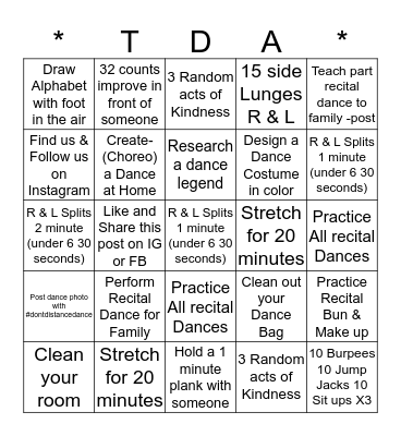 TUTTEROW DANCE ACADEMY  Bingo Card