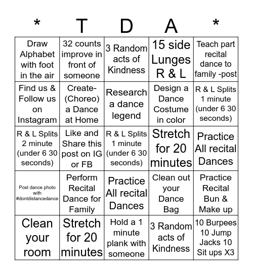 TUTTEROW DANCE ACADEMY  Bingo Card